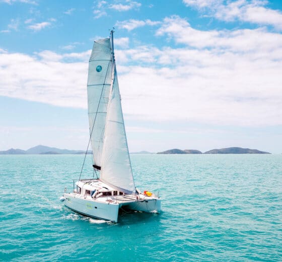 Acacia catamaran under full sail sailing in Croatia