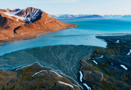Aerial of Svalbard, Arctic Norway in polar summer