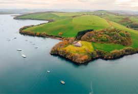 Aerial of quiet bay in Salcombe, Devon, UK