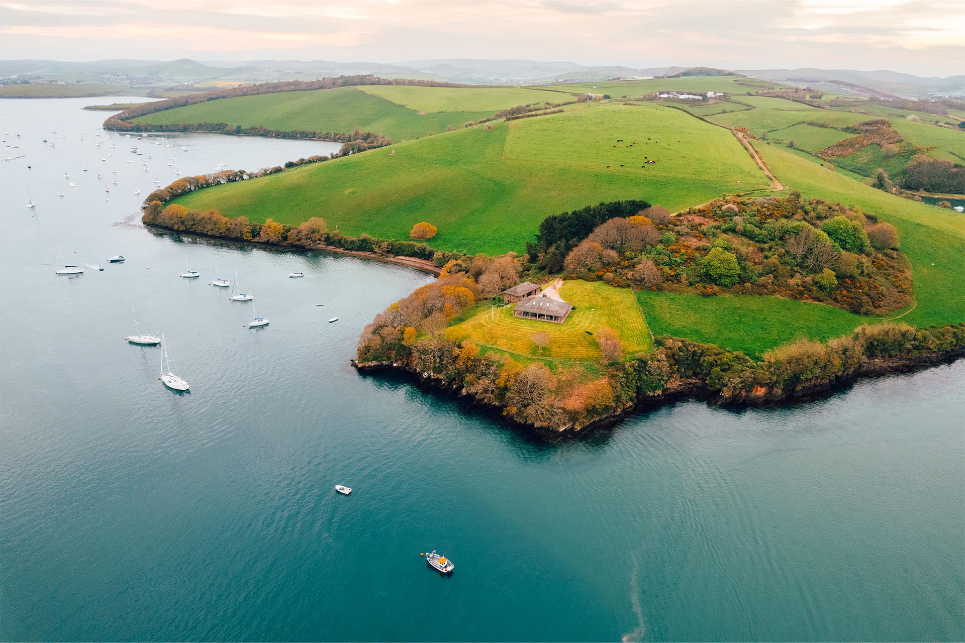Aerial of quiet bay in Salcombe, Devon, UK