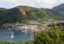 Aerial overlooking the bay of Soufriere, St Lucia, Caribbean
