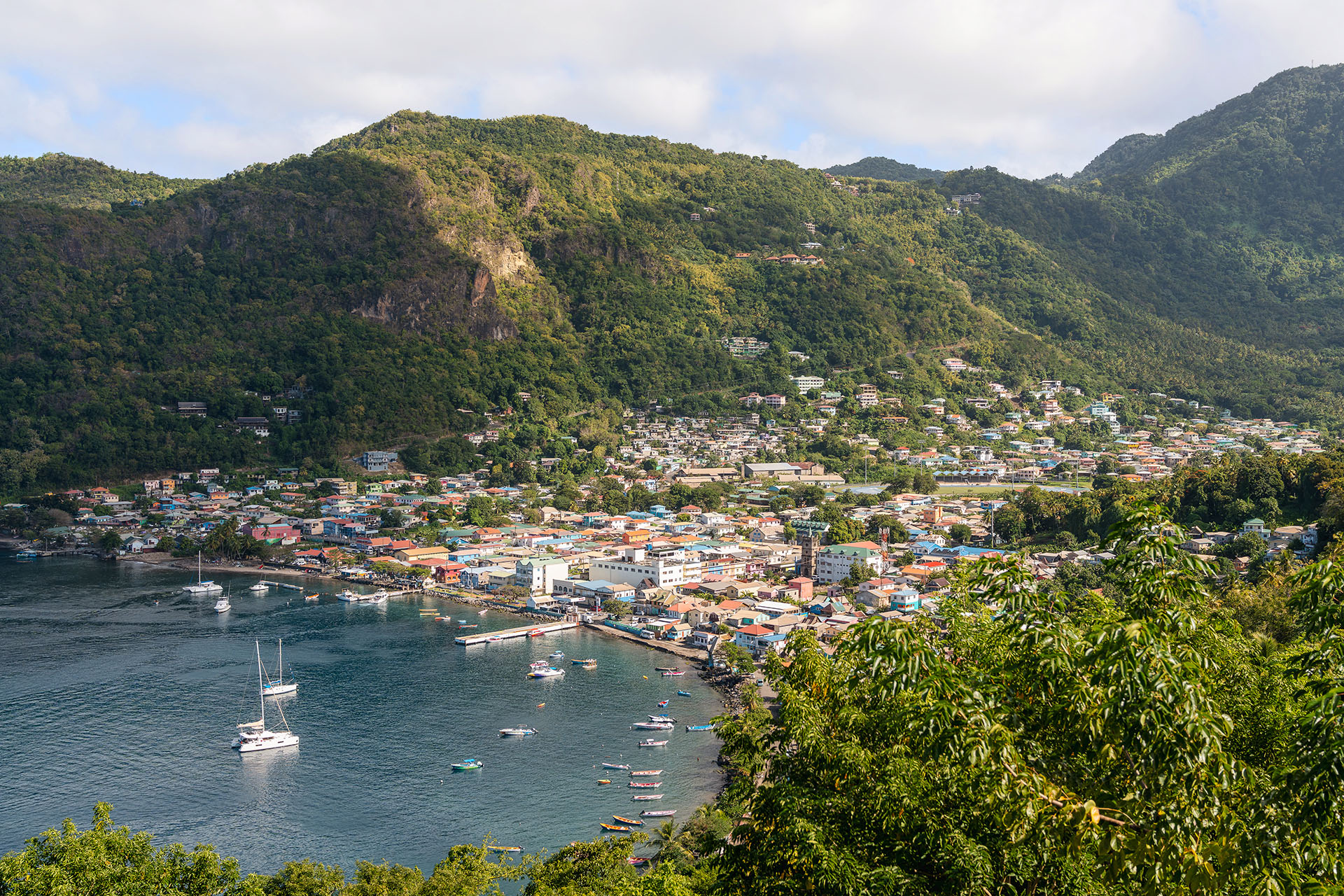 Aerial overlooking the bay of Soufriere, St Lucia, Caribbean