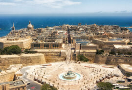 Aerial view looking over ancient city of Valetta. Malta, Europe, Mediterranean