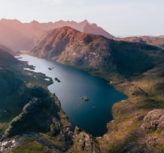 Aerial view of Loch Coruisk on the Isle of Skye, Scotland