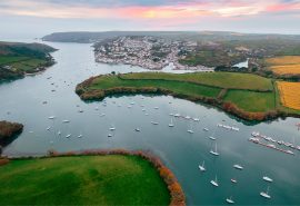 Aerial view of Salcombe, Devon, UK with boats anchored