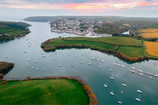Aerial view of Salcombe, Devon, UK with boats anchored