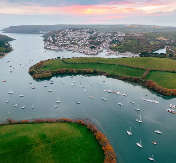 Aerial view of Salcombe, Devon, UK with boats anchored