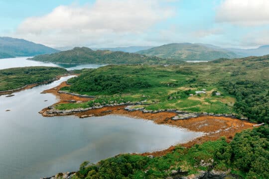 Aerial view of islands in the Hebrides, Scotland sailing