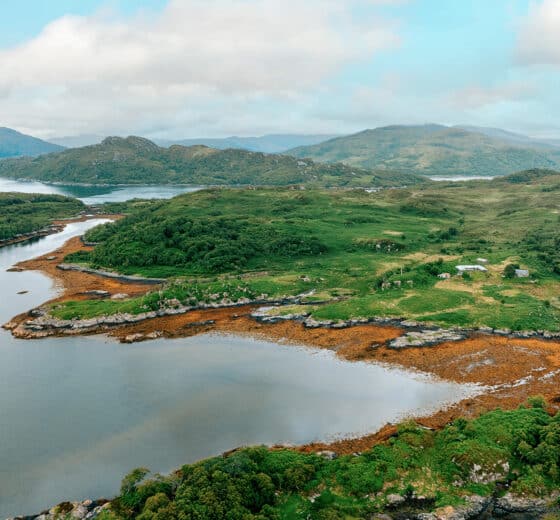 Aerial view of islands in the Hebrides, Scotland sailing