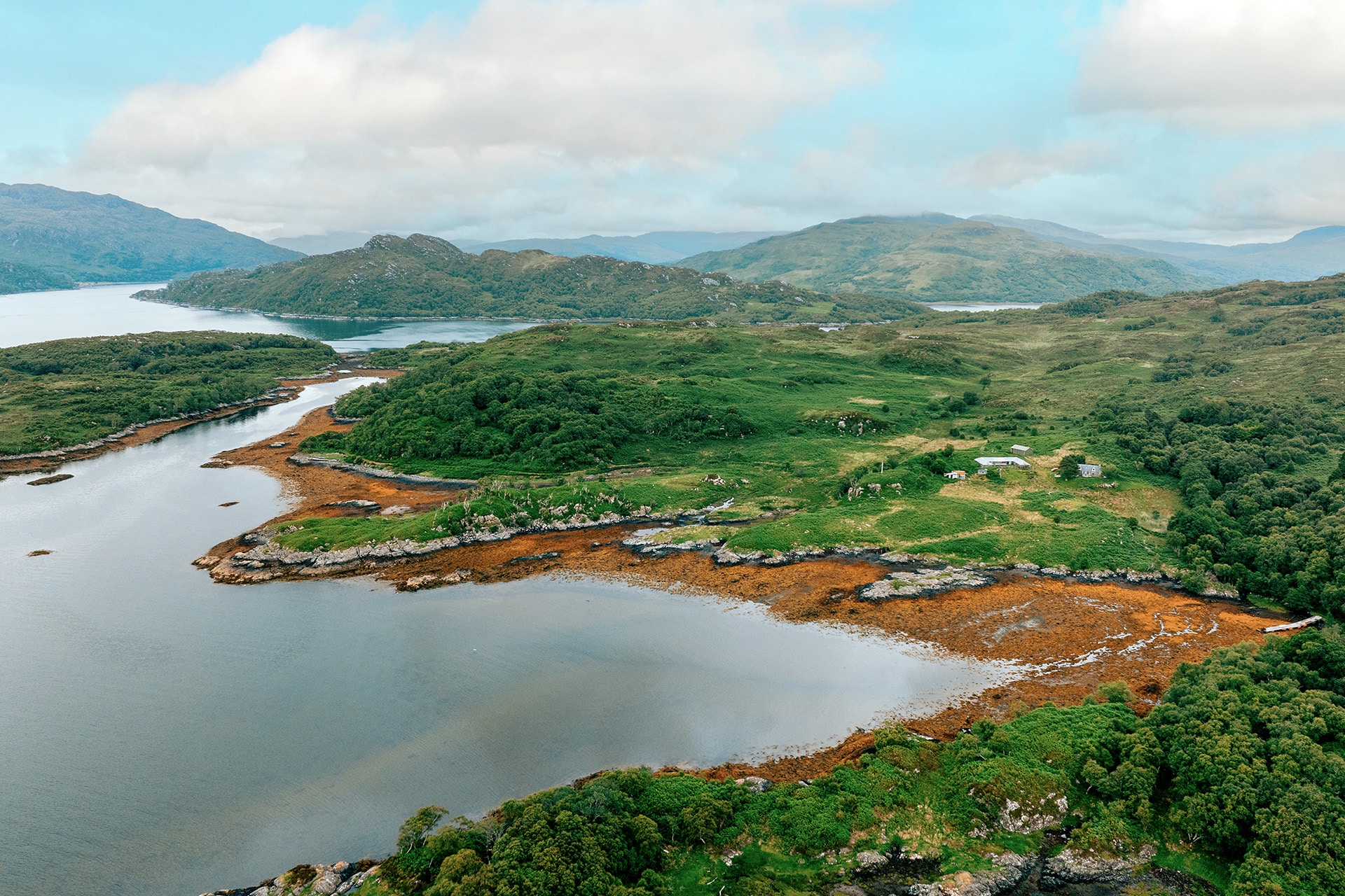 Aerial view of islands in the Hebrides, Scotland sailing
