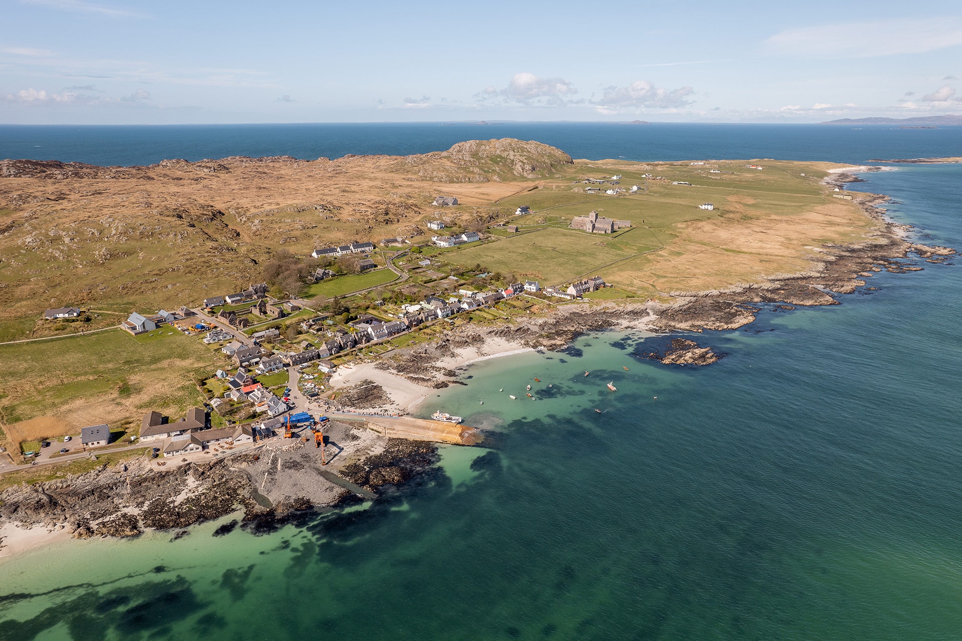 Aerial view of the island of Iona, Inner Hebrides, Scotland