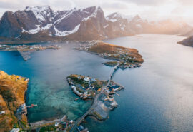 Aerial view over the Lofoten islands Norway turqouise sea