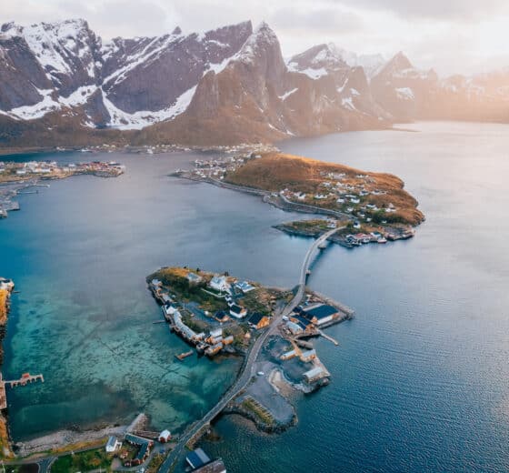 Aerial view over the Lofoten islands Norway turqouise sea