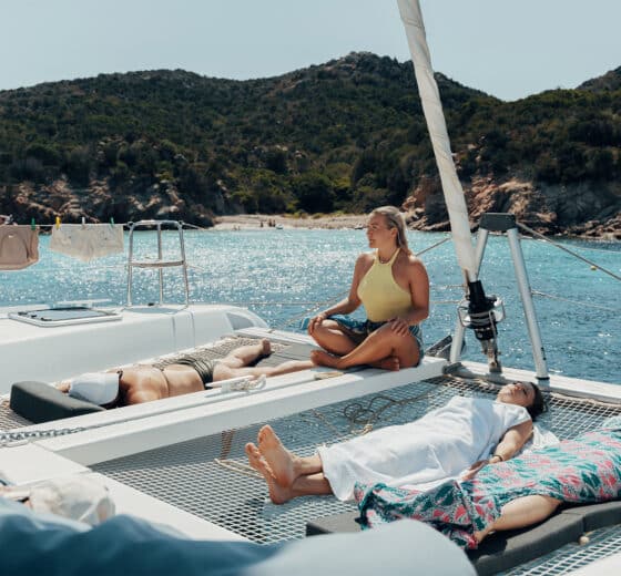 Agave catamaran guests on board wellness yoga