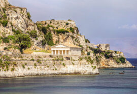 Ancient temple on cliffs in Corfu, Ionian Islands, Greece