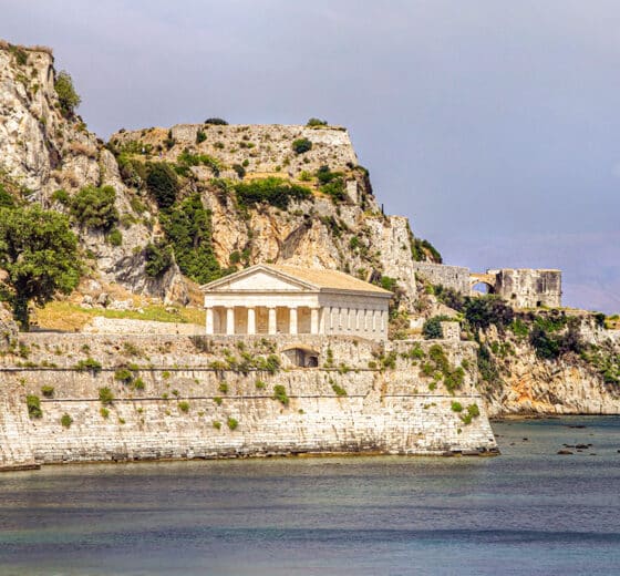 Ancient temple on cliffs in Corfu, Ionian Islands, Greece