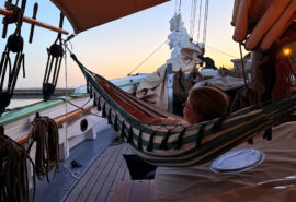 Aron of svendborg guest on deck at sunset relaxing in hammock, Scandinavia