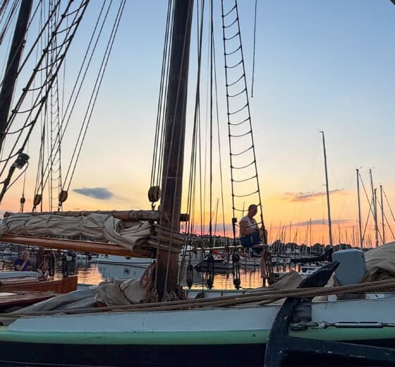 Aron tall ship at sunset guest on rigging on deck Scandinavia