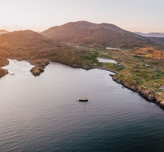 Bessie Ellen anchored in Hebrides at sunset