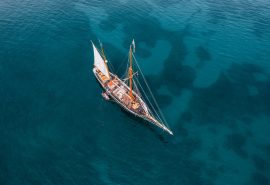 Bessie Ellen blue waters from above tall ship