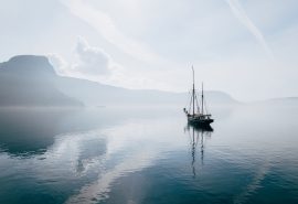 Bessie Ellen at anchor in Scotland misty