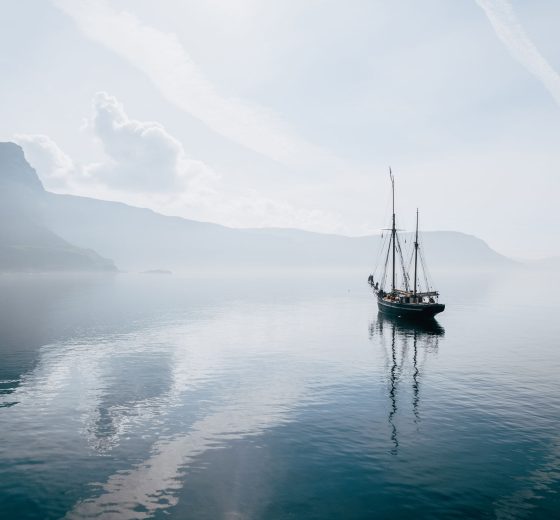 Bessie Ellen at anchor in Scotland misty