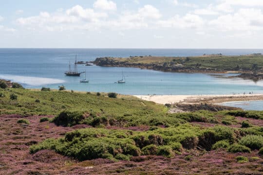 Bessie Ellen tall ship anchored at Gugh, Isles of Scilly, Cornwall