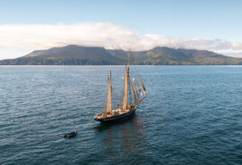 Bessie Ellen tall ship sailing off Rum, Hebrides, Scotland