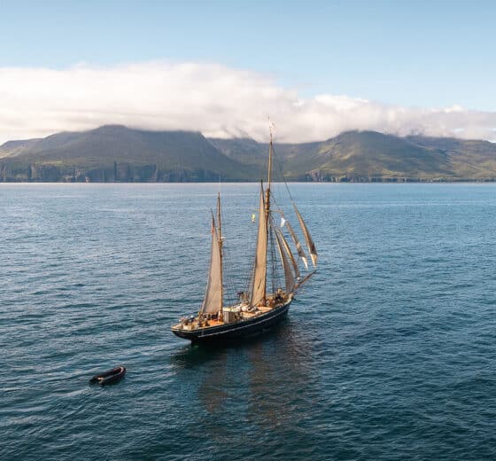 Bessie Ellen tall ship sailing off Rum, Hebrides, Scotland
