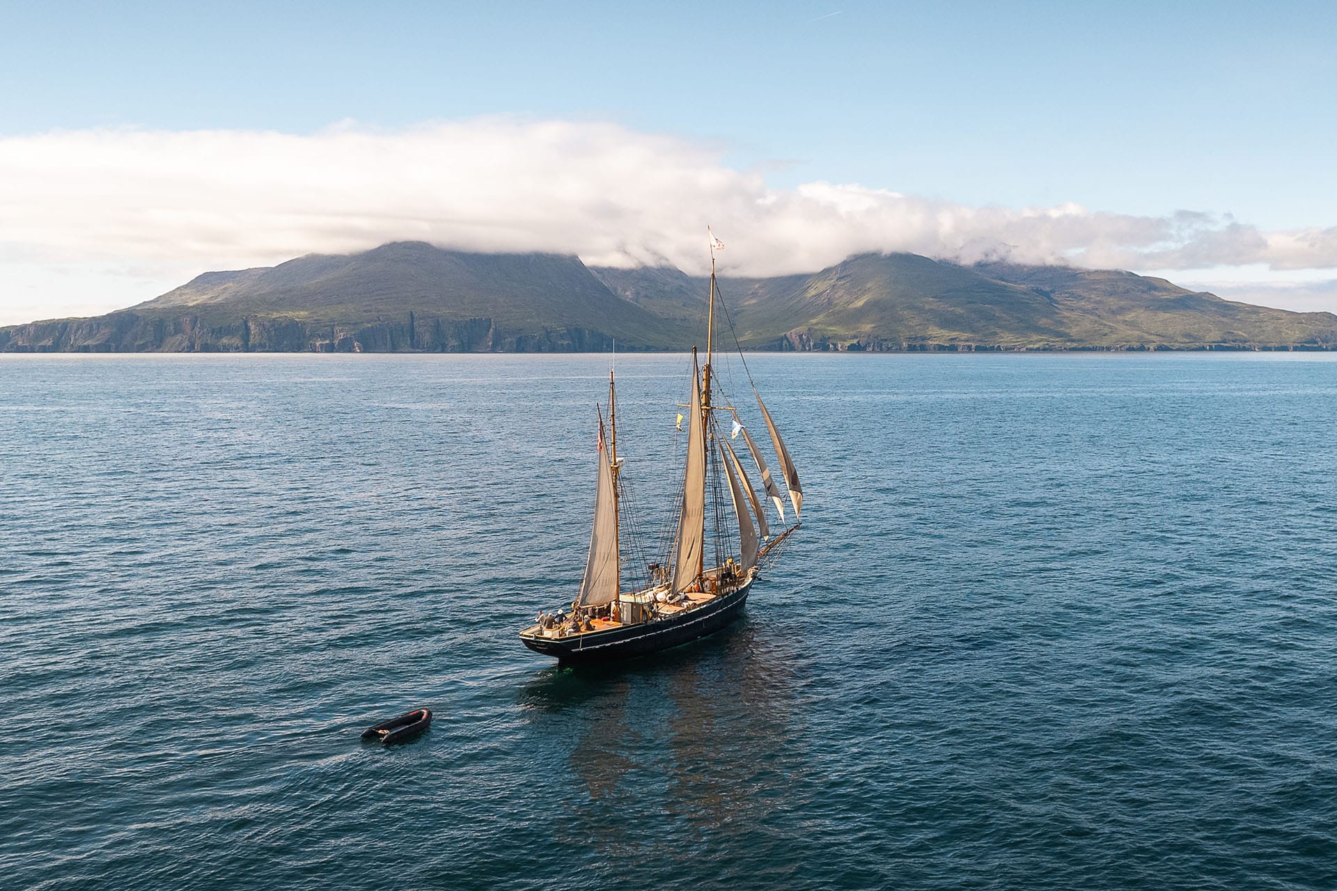 Bessie Ellen tall ship sailing off Rum, Hebrides, Scotland