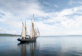 Bessie Ellen under way from the side, Hebrides, Scotland