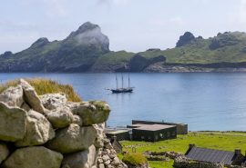 Blue Clipper anchored Hirta bay, St Kilda, Scotland