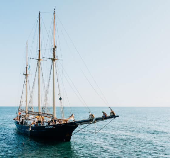 Blue Clipper anchored guests on bowsprit sunshine