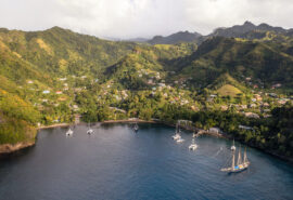 Blue Clipper anchored in Wallilabou bay, St Vincent, Caribbean