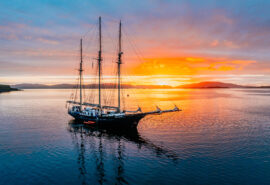 Blue Clipper tall ship anchored at sunset