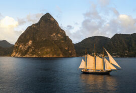 Blue Clipper tall ship sailing off the coast of St Lucia, Caribbean