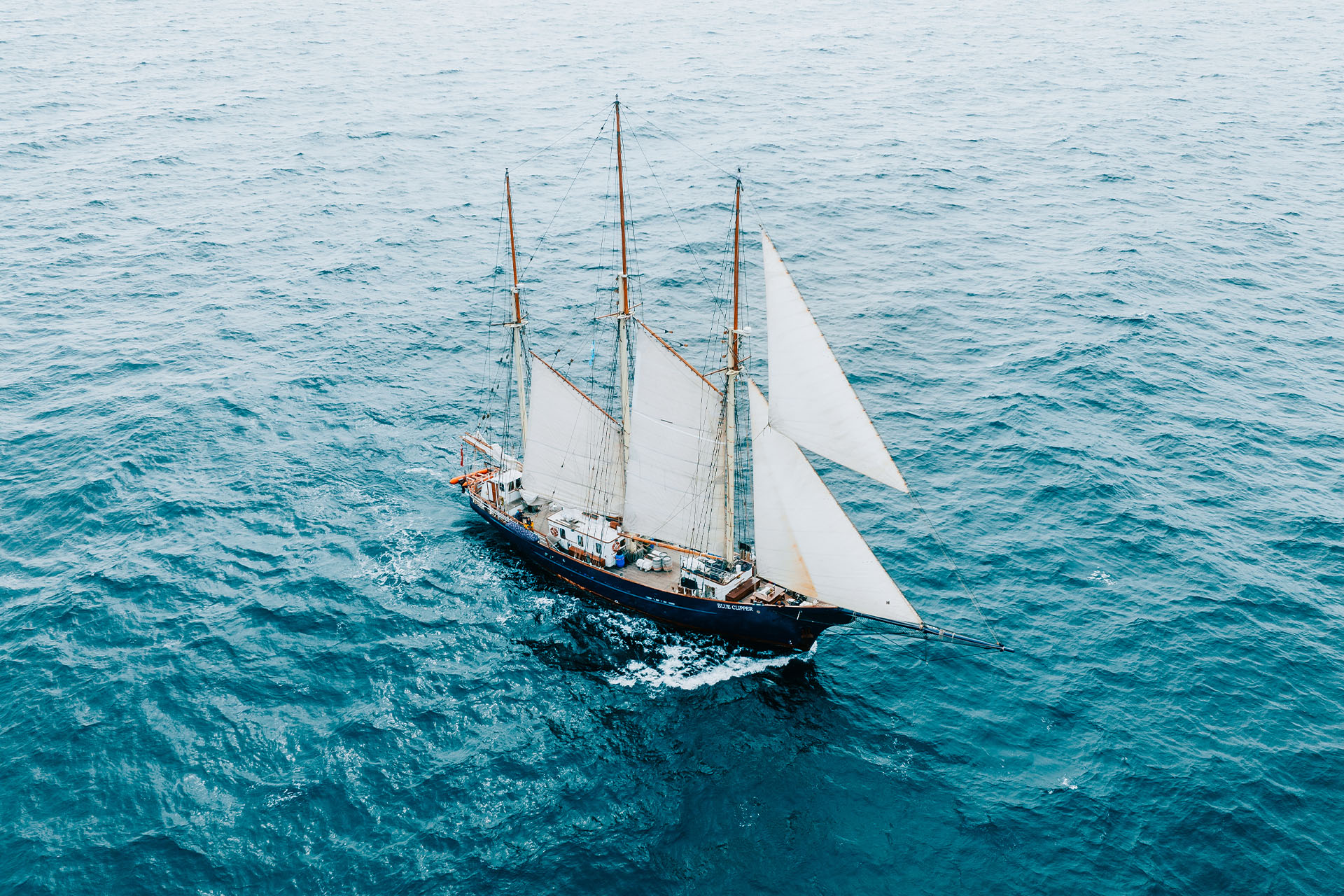 Blue Clipper tall ship sailing open ocean