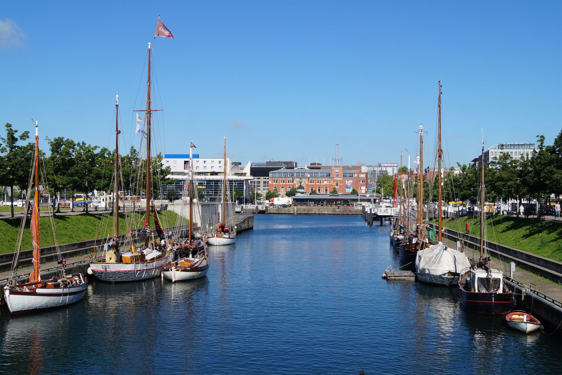 Boats anchored at kiel canal, Kiel, Germany