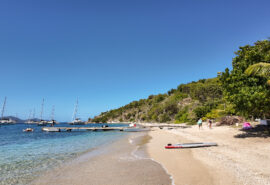 British Virgin Islands beach view, catamarans anchored