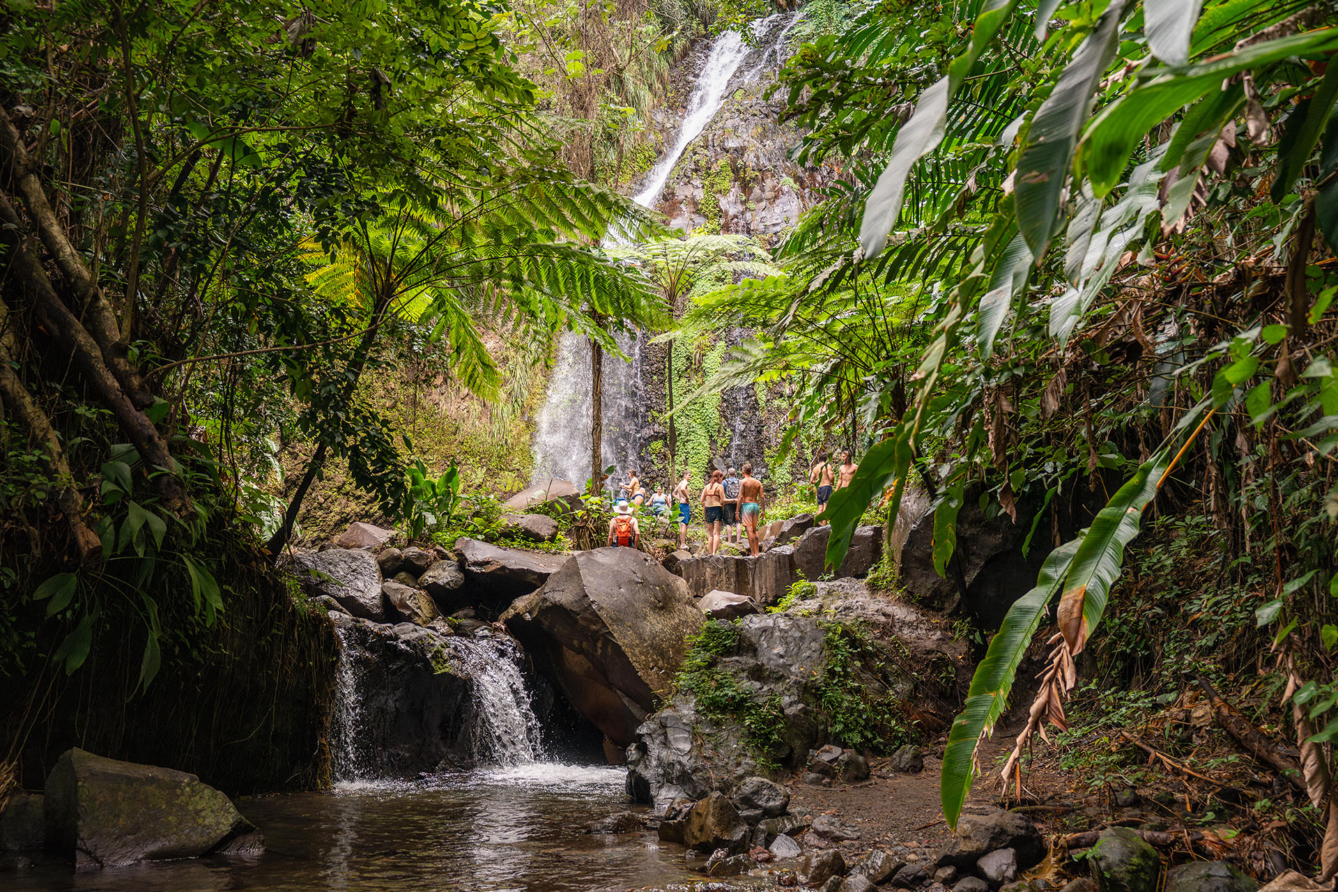 Caribbean guests at waterfall of Dark Falls, St Vincent