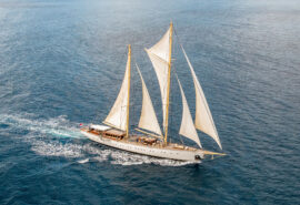 Chronos sailing yacht underway aerial from above