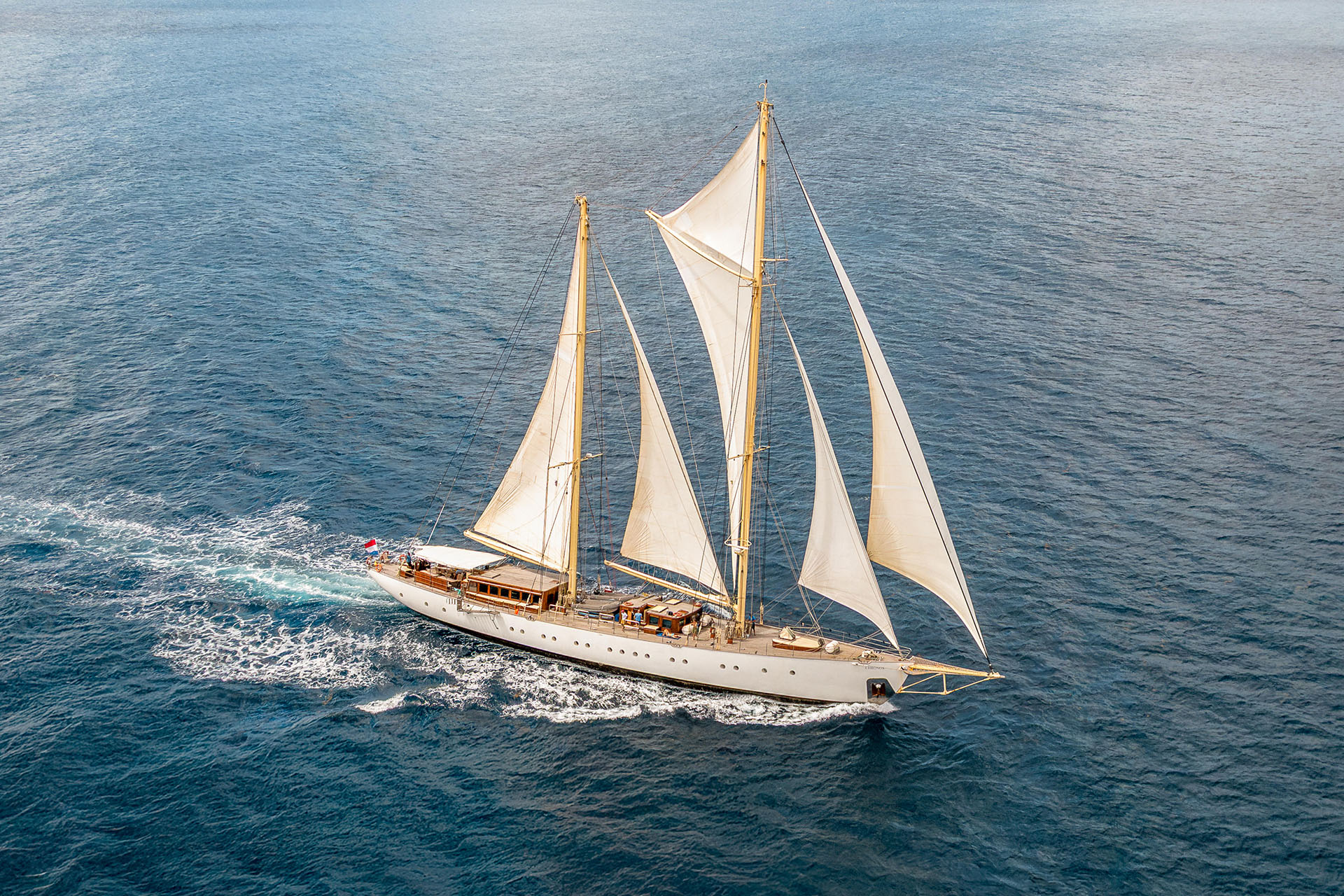 Chronos sailing yacht underway aerial from above