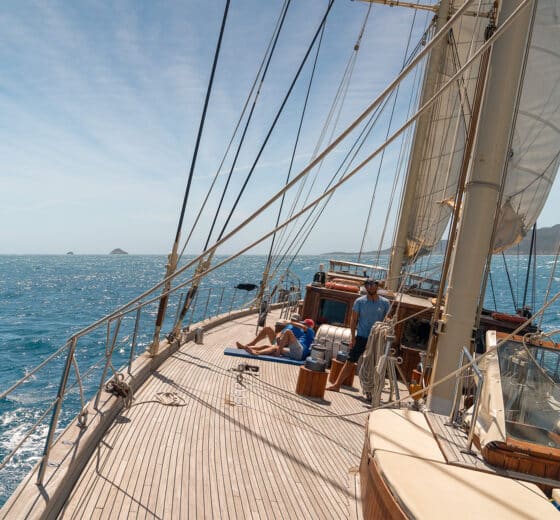 Chronos sunny deck onboard underway sailing in Caribbean