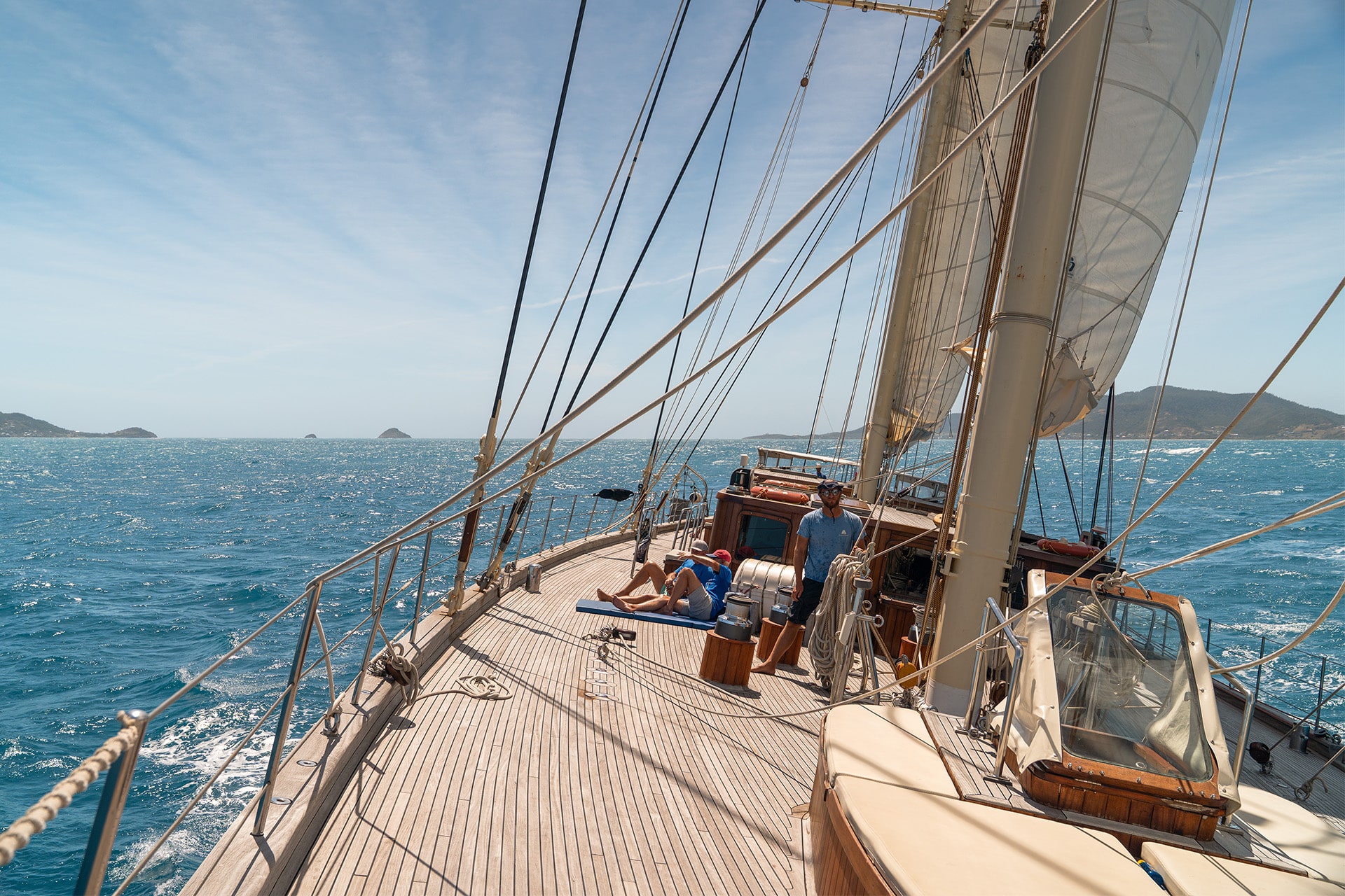 Chronos sunny deck onboard underway sailing in Caribbean