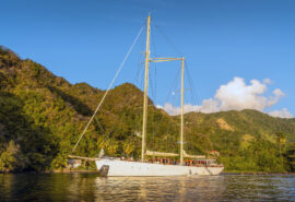 Chronos yacht anchored off the coast of Wallilabou, St Vincent island, Caribbean