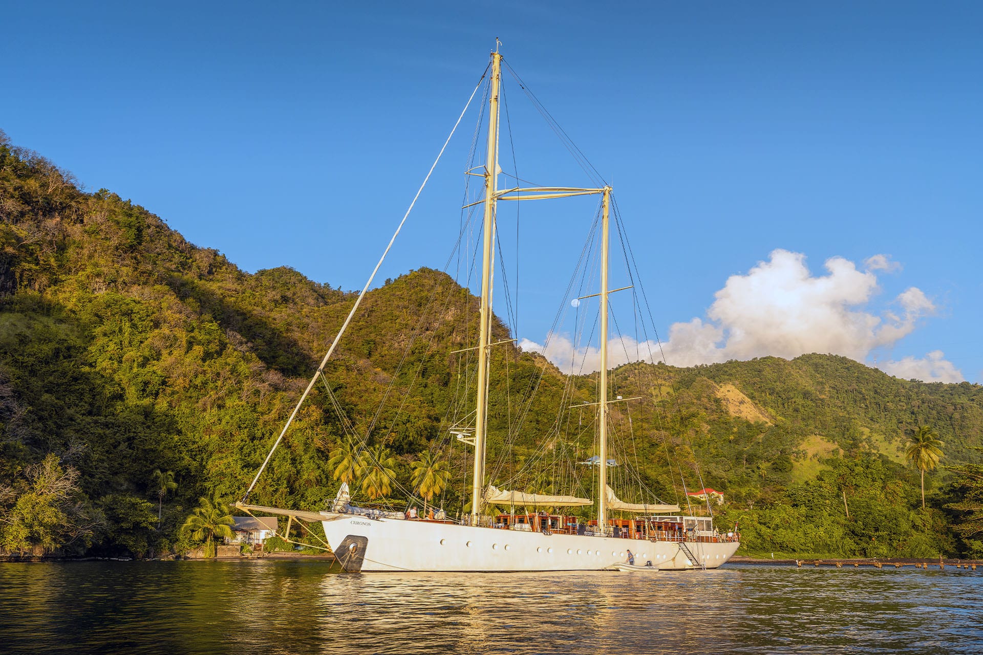 Chronos yacht anchored off the coast of Wallilabou, St Vincent island, Caribbean