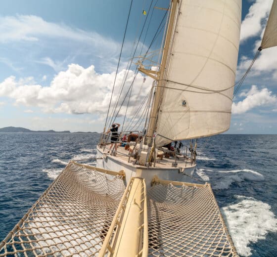 Chronos yacht from bowsprit sunshine sailing
