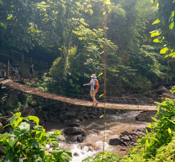 Crossing the bridge to Dark View Falls, St Vincent, Caribbean waterfall