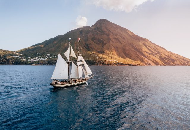 Tall Ship Sailing the Aeolian Islands in Italy