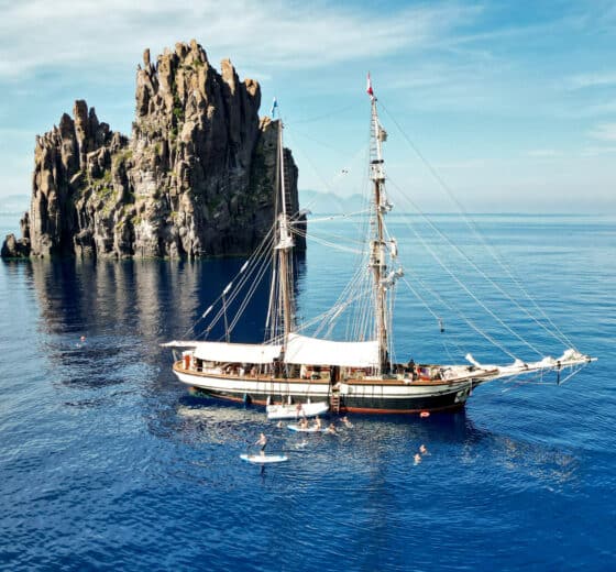 Florette anchored Aeolian Islands Taormina Italy Guests Swimming